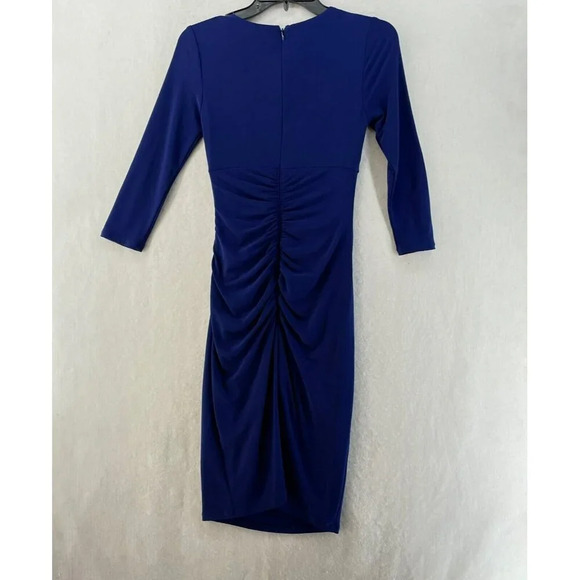 INC International Concept Dress Sz 0 Blue Draped 3/4 Sleeve Knee Length Bodycon - Picture 2 of 10